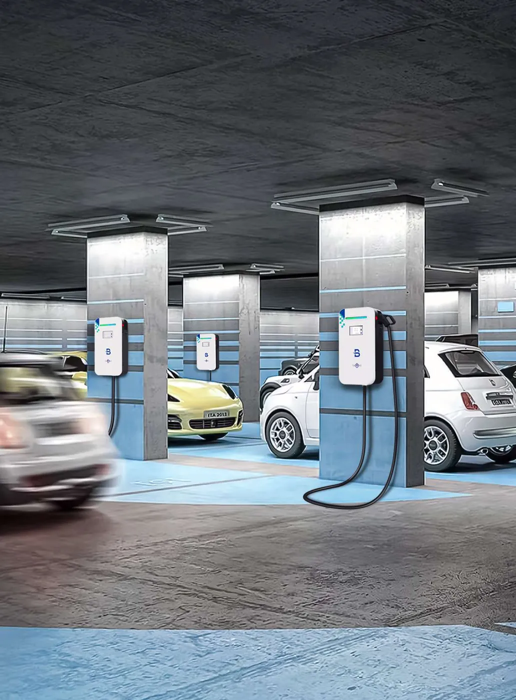 Cargadores Beny instalados en un estacionamiento subterráneo